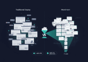 Split comparison showing traditional display’s scattered web ad placements vs WordIntent’s legal‑only, brand‑safe placements with a teal intent beam and KPI chips.